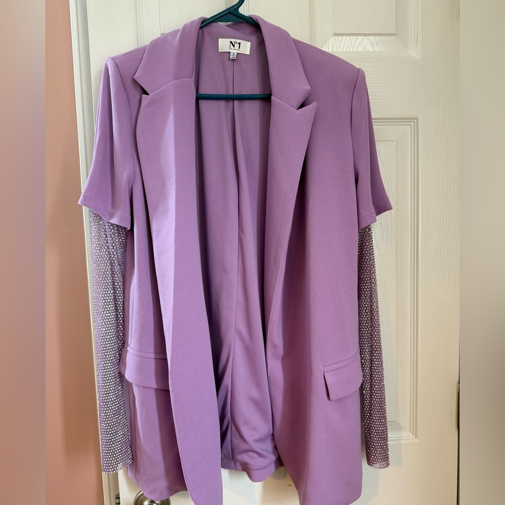 Elegant Purple Women's Blazer With Beaded Mesh Arms
